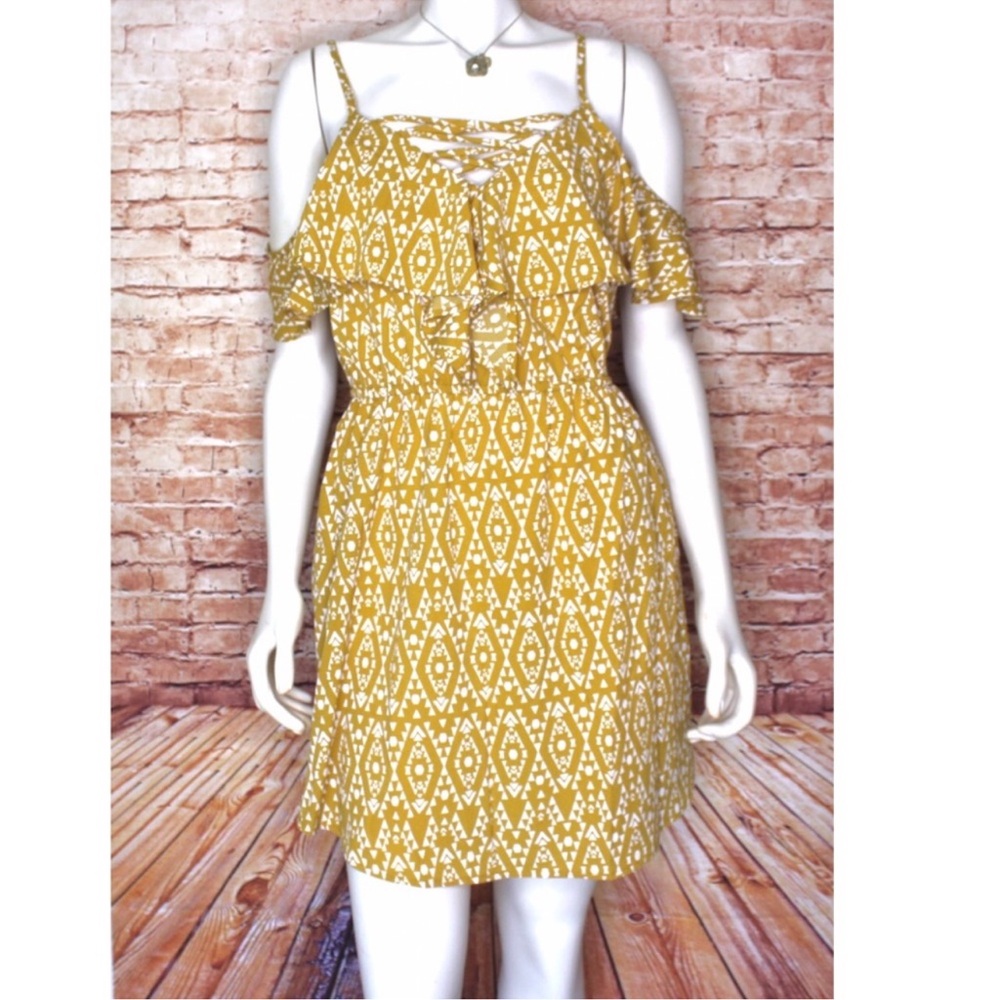 Indulge | Cold Shoulder Yellow Gold Patterned Ruffle Mini Dress